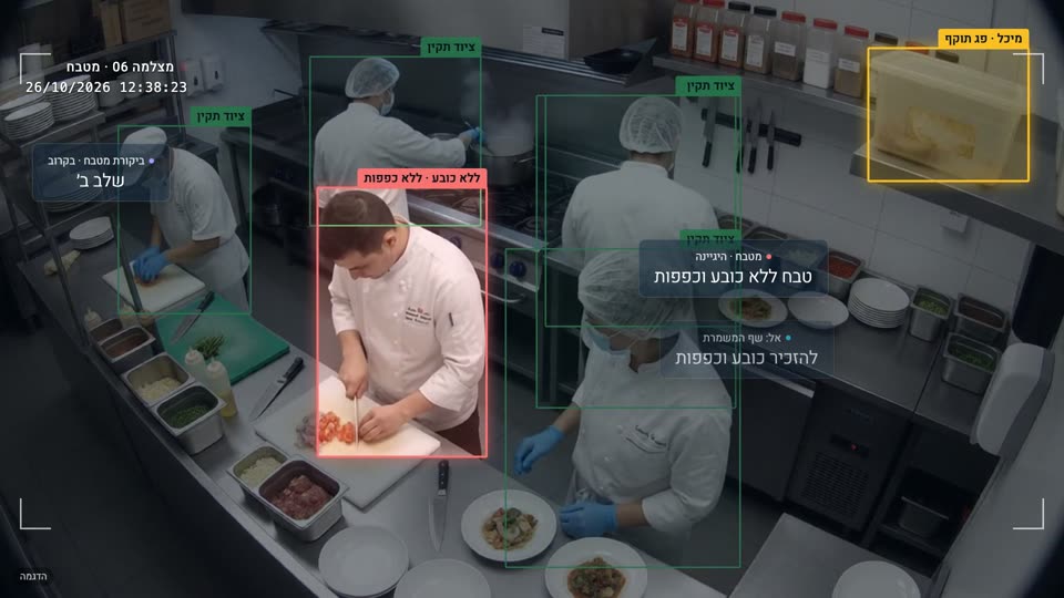 טבח במטבח בלי כובע וכפפות, מסומן באדום